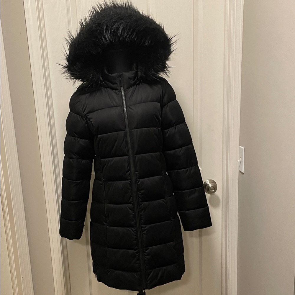 Etage Black Puffer Coat with Faux Fur Hood